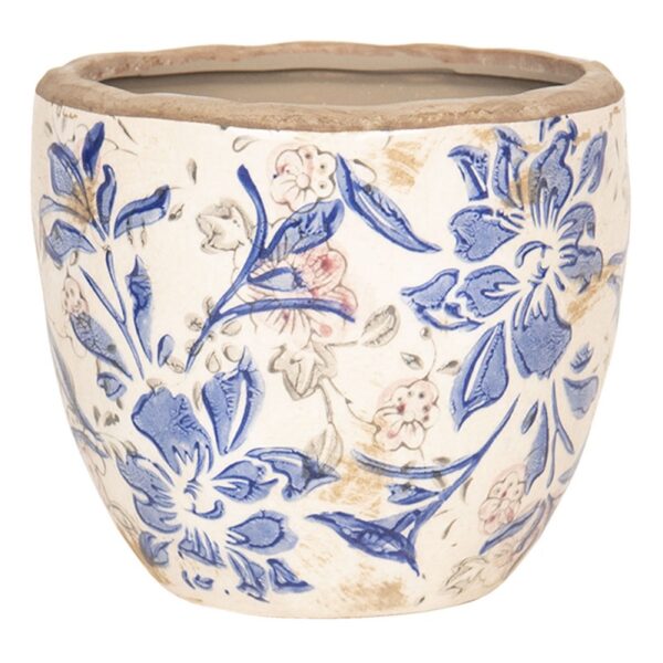 6CE1031M BLOEMPOT Ø 18X17 CM BLAUW BEIGE KERAMIEK BLOEMEN ROND BLOEMPOT BINNEN PLANTENPOT